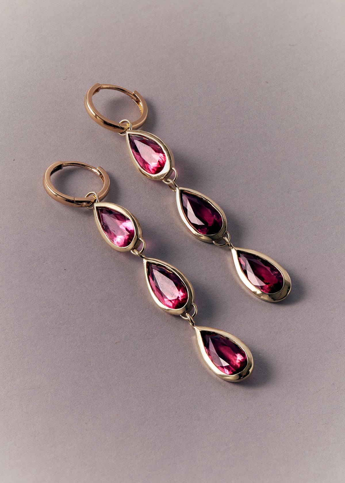 RUBELLITE TRIPLE DROP EARRINGS